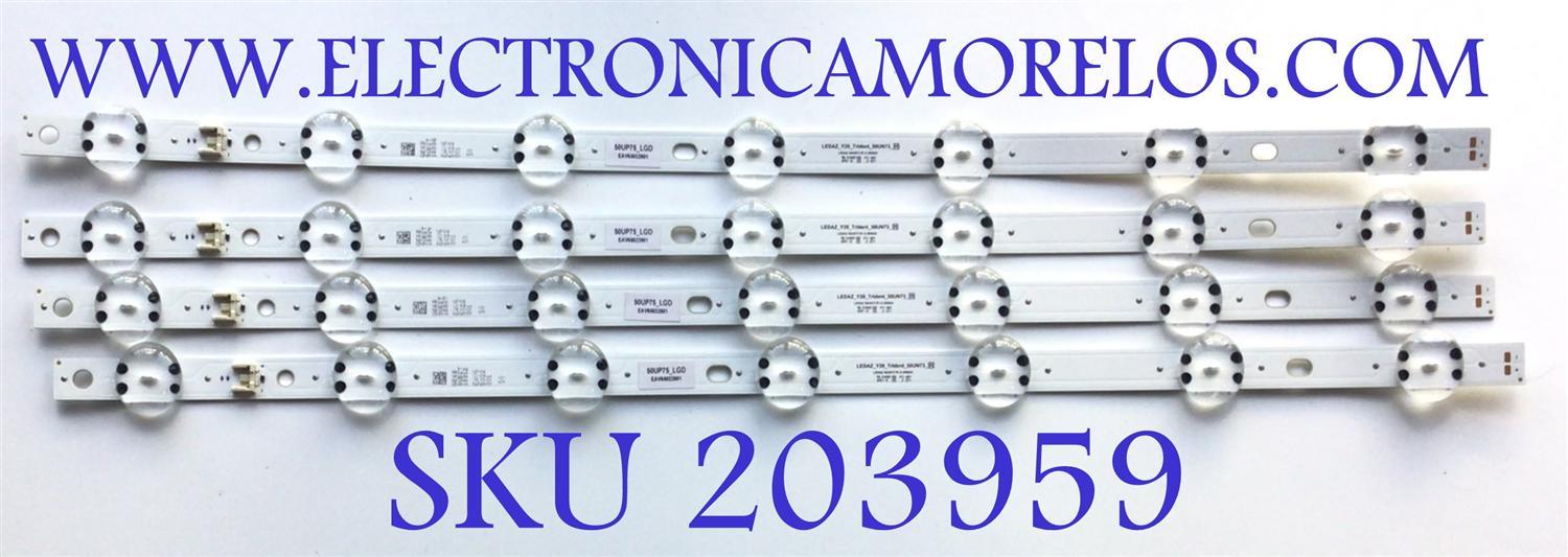 KIT DE LED'S PARA TV LG (4 PIEZAS) / NUMERO DE PARTE EAV65022801 / 50UP75_LGD / LEDAZ-Y20-TRIDENT_50UN73_H / LEDAZ 50UN73 R1.0 200624 / E466169 / PANEL NC500DQG-AAKK3 / MODELOS 50UP7560AUD / 50UN6955ZUF
